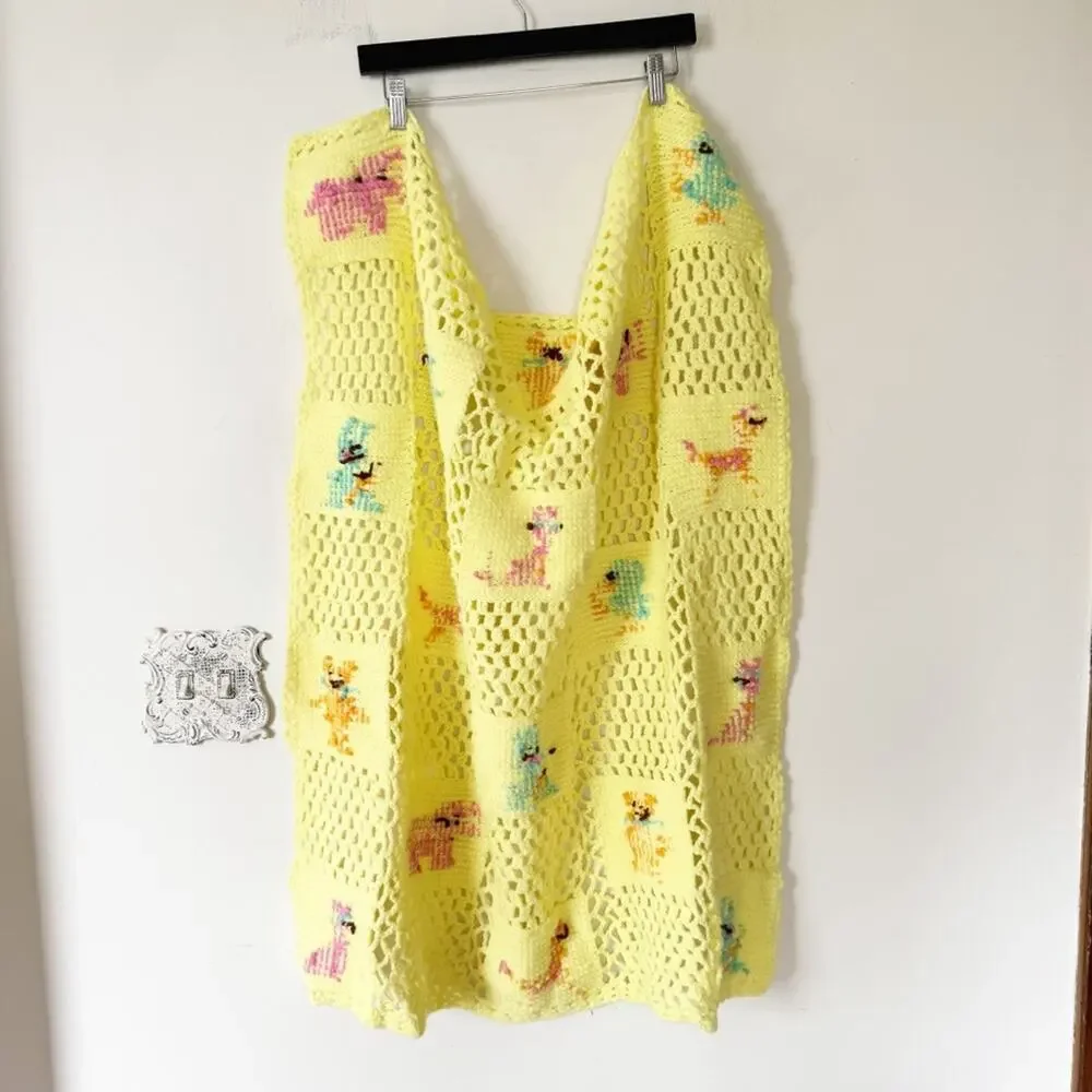 Vintage Handmade Yellow Crochet Knit Baby Blanket Animals Gender Neutral